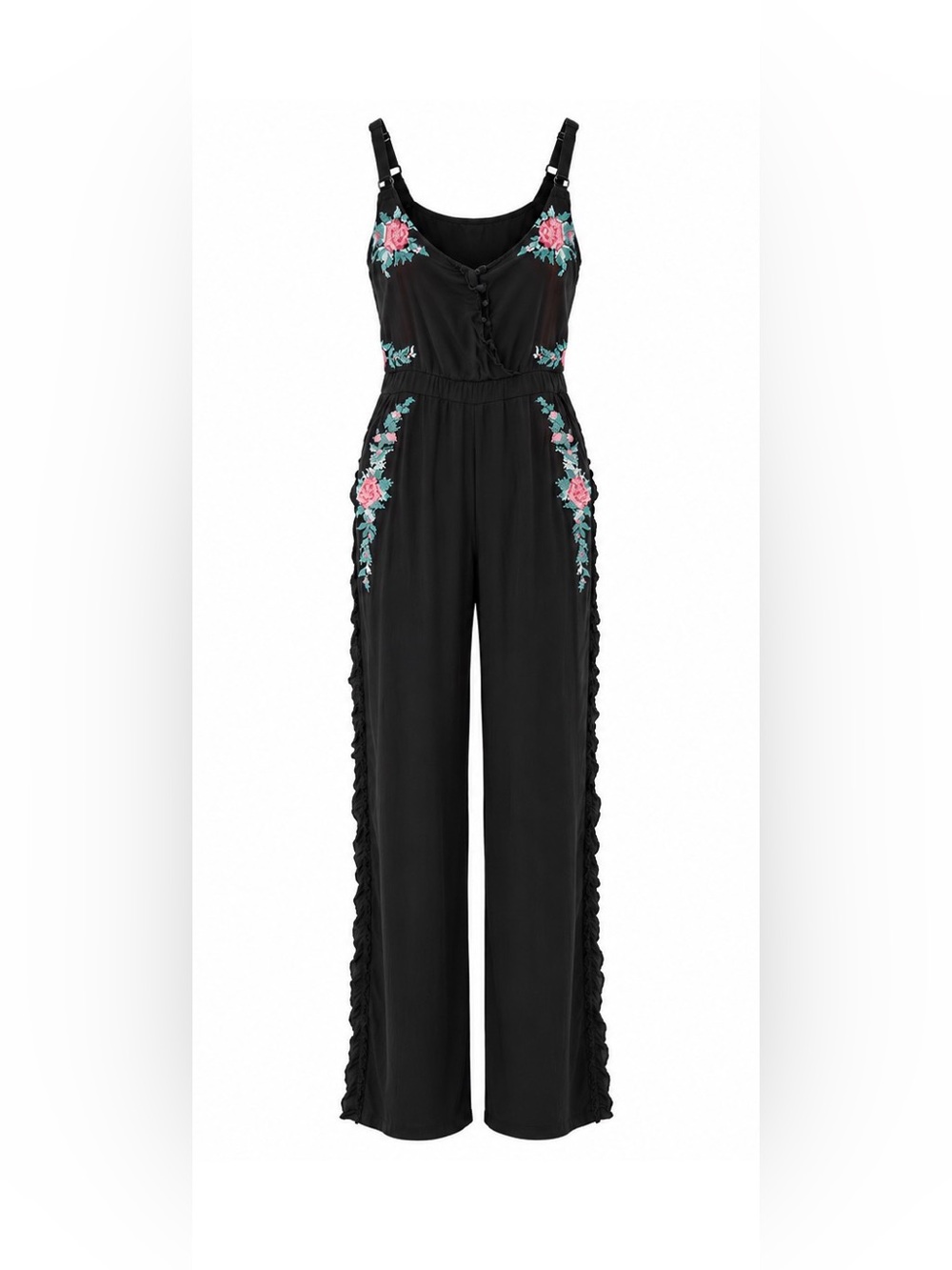 Willow & Clay Black Jumpsuit with Pink and Teal Floral Embroidery